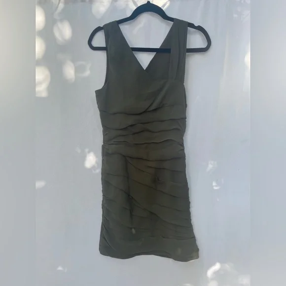 Aqua Olive Green Ruched Abstract Shoulder Mini Dress (Small) - Picture 2 of 6